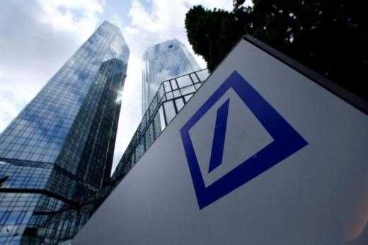 A Deutsche Bank logo adorns a wall at the company's headquarters in Frankfurt